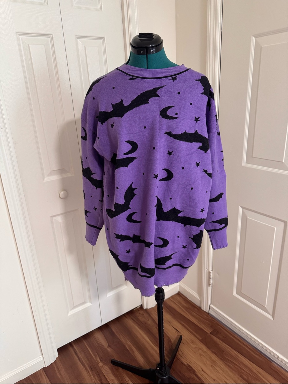 SHEIN Purple Knit Sweater with Black Bat & Moon Motif